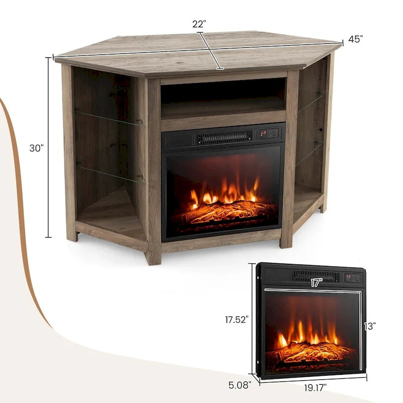 Grey / Rustic / Black Corner TV Stand with 18" Electric Fireplace & LED Lights, Fits TVs up to 50"
