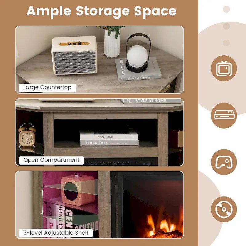 Grey / Rustic / Black Corner TV Stand with 18" Electric Fireplace & LED Lights, Fits TVs up to 50"