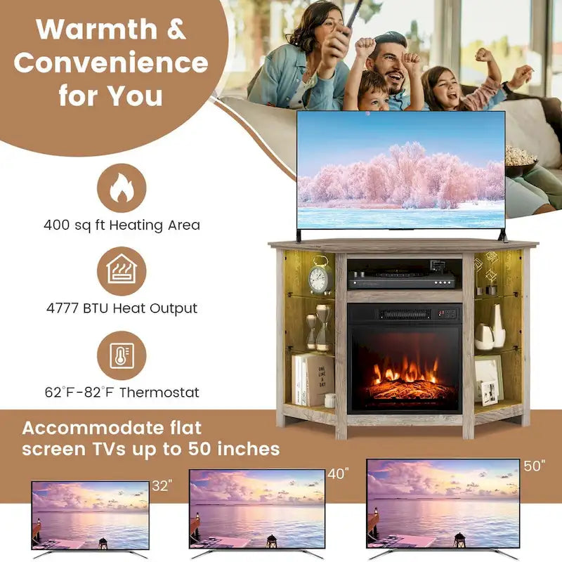 Grey / Rustic / Black Corner TV Stand with 18" Electric Fireplace & LED Lights, Fits TVs up to 50"
