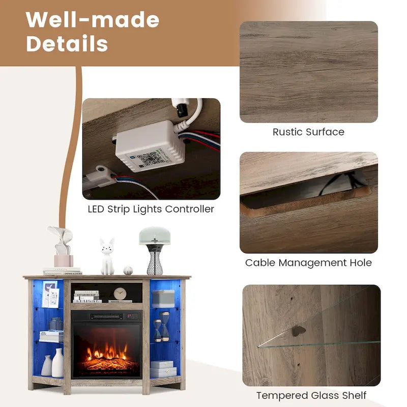 Grey / Rustic / Black Corner TV Stand with 18" Electric Fireplace & LED Lights, Fits TVs up to 50"