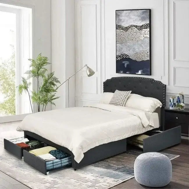 Grey Linen Tufted Headboard Platform Bed with 4 Storage Drawers, Full, 1-Person