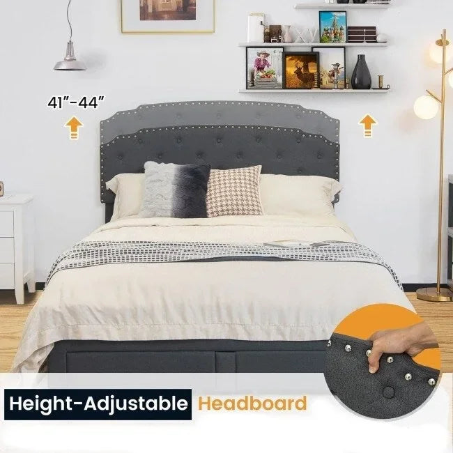 Grey Linen Tufted Headboard Platform Bed with 4 Storage Drawers, Full, 1-Person
