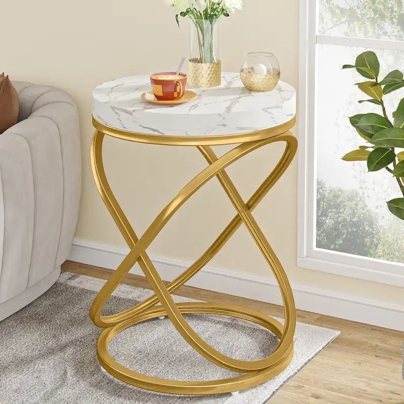 White & Gold Round End Table / Nightstand – 1 Person