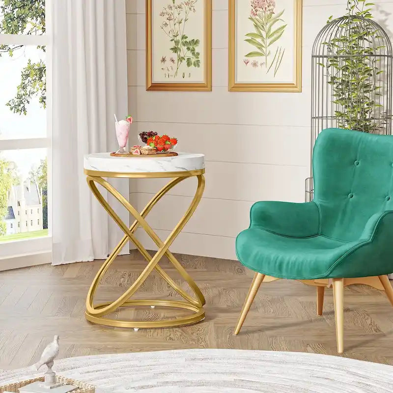 White & Gold Round End Table / Nightstand – 1 Person