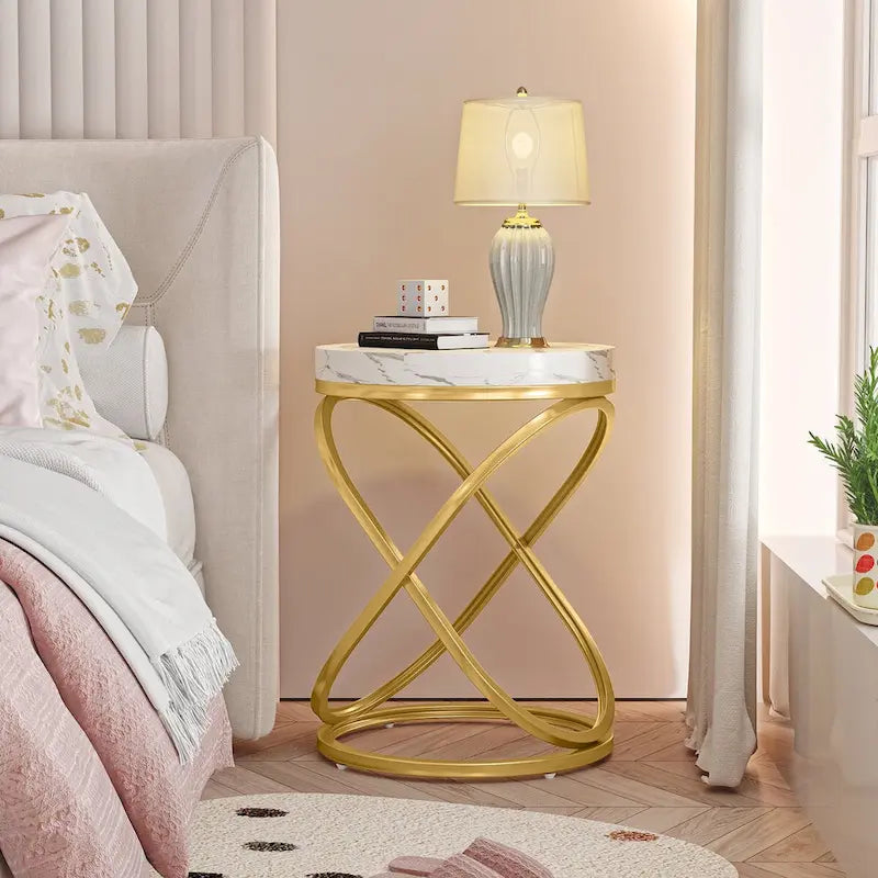 White & Gold Round End Table / Nightstand – 1 Person
