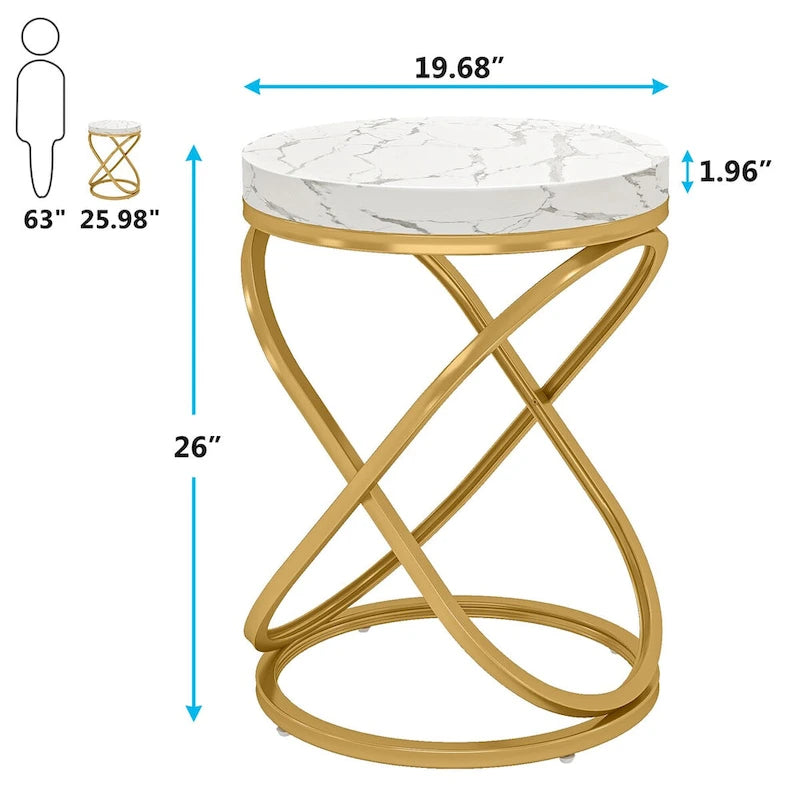 White & Gold Round End Table / Nightstand – 1 Person