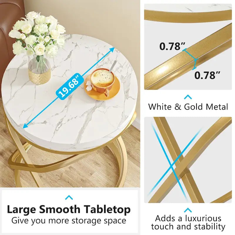 White & Gold Round End Table / Nightstand – 1 Person