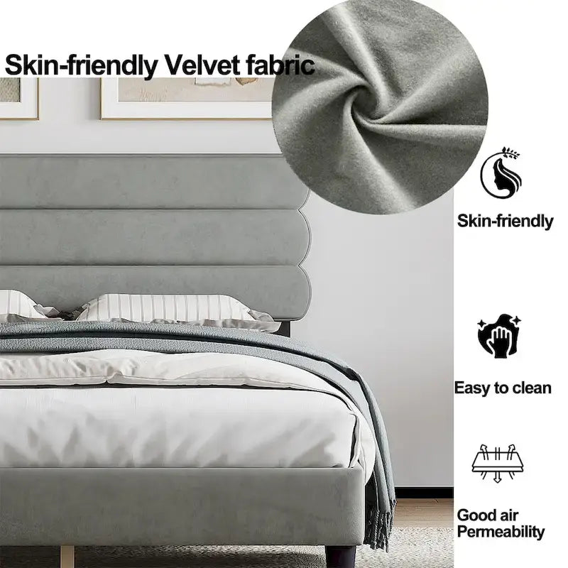 Light Grey / Green / Dark Grey Upholstered Queen Bed Frame with Headboard – 1 Person
