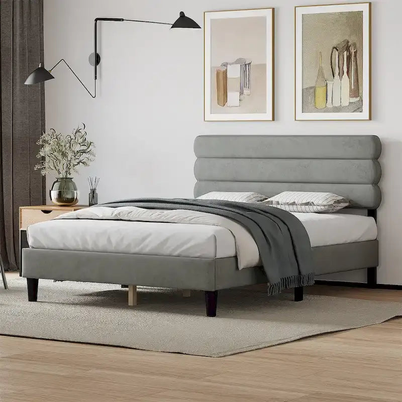Light Grey / Green / Dark Grey Upholstered Queen Bed Frame with Headboard – 1 Person