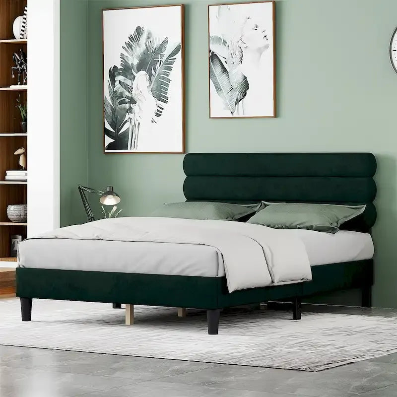 Light Grey / Green / Dark Grey Upholstered Queen Bed Frame with Headboard – 1 Person