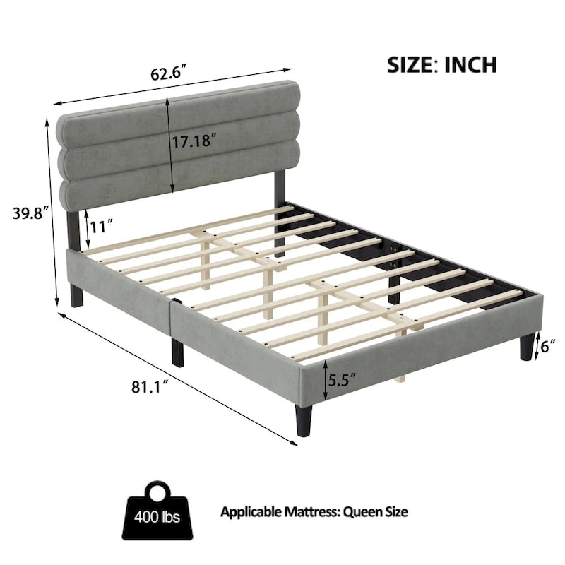 Light Grey / Green / Dark Grey Upholstered Queen Bed Frame with Headboard – 1 Person