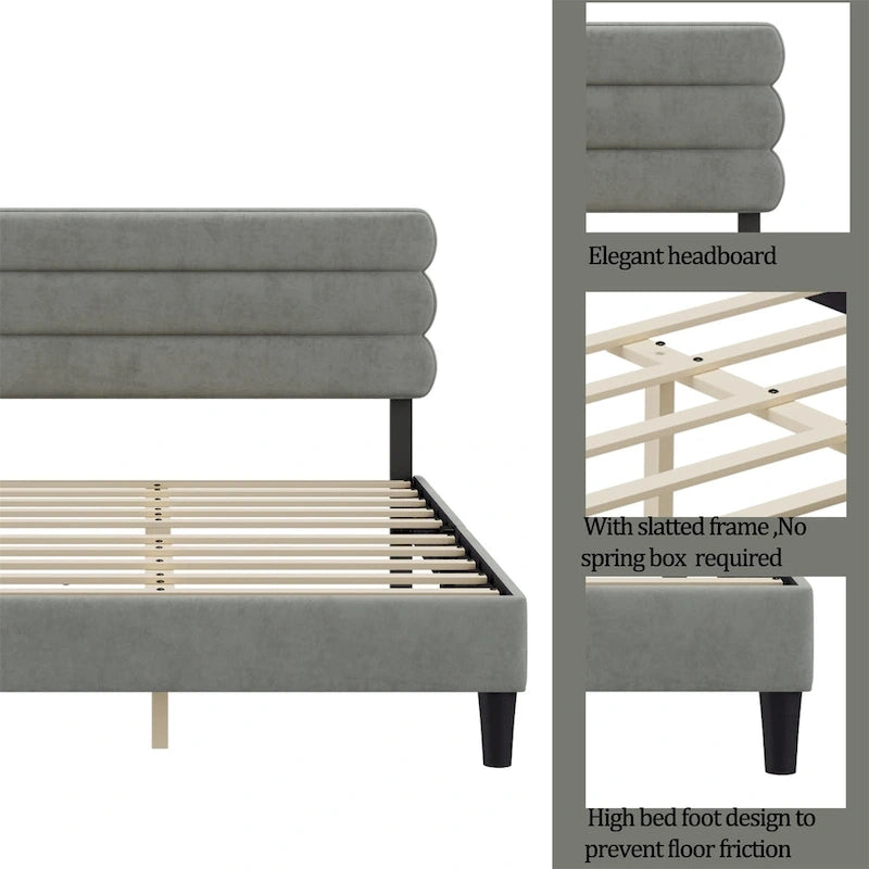 Light Grey / Green / Dark Grey Upholstered Queen Bed Frame with Headboard – 1 Person