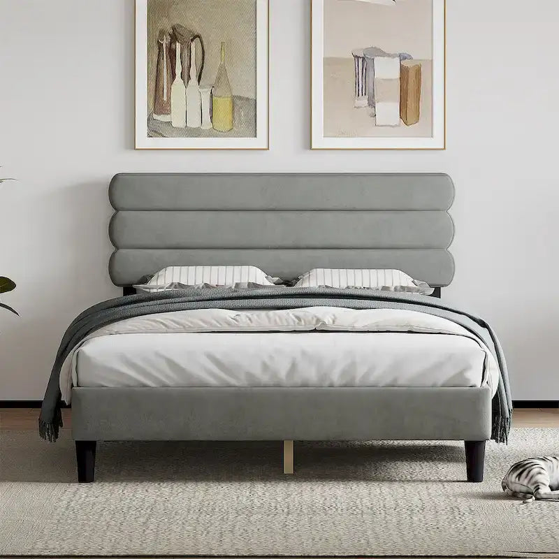 Light Grey / Green / Dark Grey Upholstered Queen Bed Frame with Headboard – 1 Person