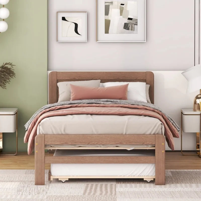 Grey / Walnut Twin Platform Bed Frame with Trundle & 2 Drawers, Fits 1–2