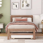 Grey / Walnut Twin Platform Bed Frame with Trundle & 2 Drawers, Fits 1–2