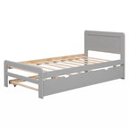 Grey / Walnut Twin Platform Bed Frame with Trundle & 2 Drawers, Fits 1–2