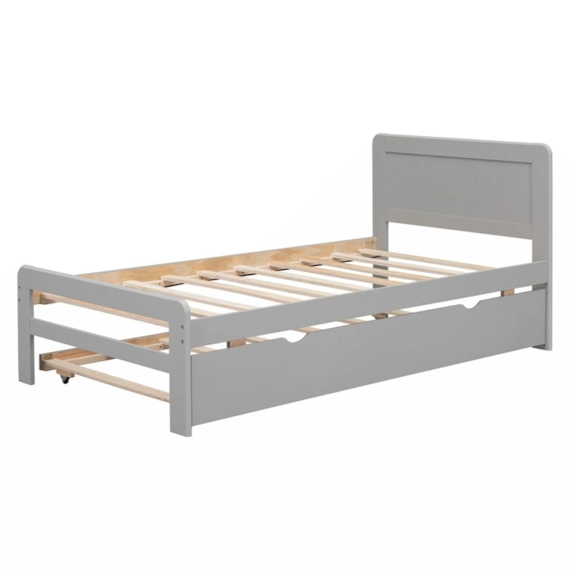 Grey / Walnut Twin Platform Bed Frame with Trundle & 2 Drawers, Fits 1–2