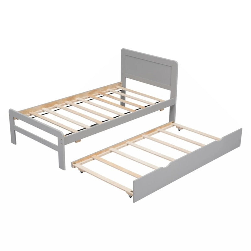 Grey / Walnut Twin Platform Bed Frame with Trundle & 2 Drawers, Fits 1–2