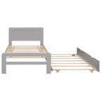 Grey / Walnut Twin Platform Bed Frame with Trundle & 2 Drawers, Fits 1–2