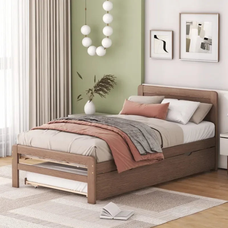 Grey / Walnut Twin Platform Bed Frame with Trundle & 2 Drawers, Fits 1–2
