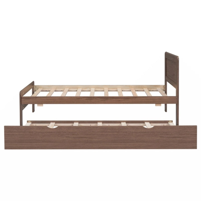 Grey / Walnut Twin Platform Bed Frame with Trundle & 2 Drawers, Fits 1–2