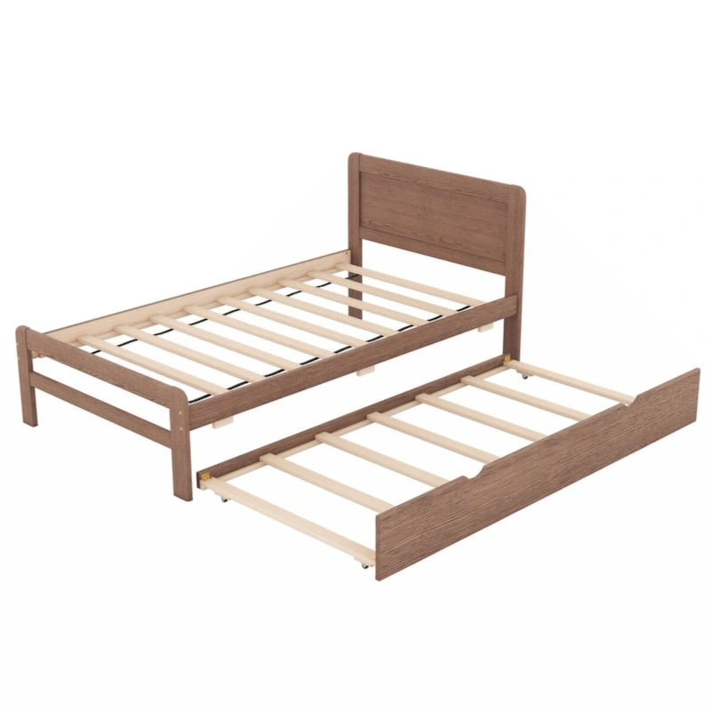 Grey / Walnut Twin Platform Bed Frame with Trundle & 2 Drawers, Fits 1–2