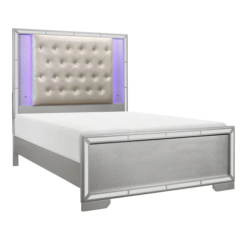 Silver Faux Leather LED Tufted Bed – King/Queen, 2-Person