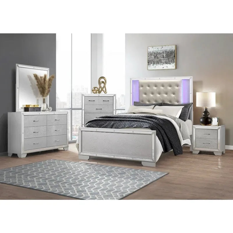Silver Faux Leather LED Tufted Bed – King/Queen, 2-Person