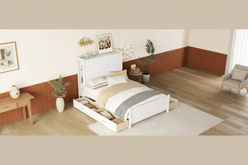 Full Size Platform Bed with Drawers and Storage Shelves