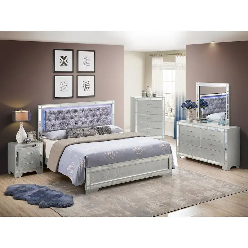 Silver Champagne Upholstered Full Panel Bed, Sleeps 1