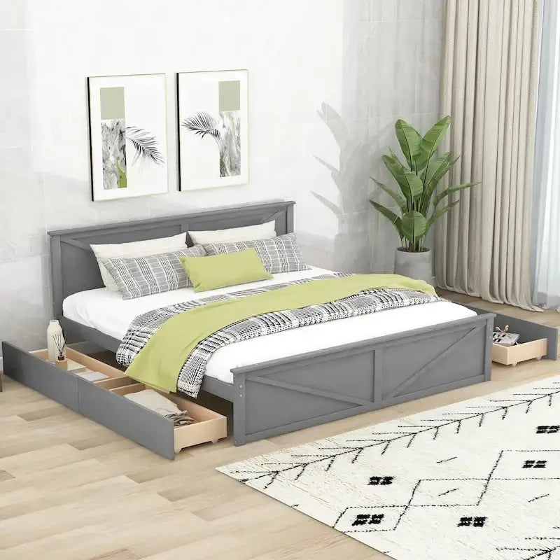 Grey / White Platform Bed with 4 Storage Drawers, King / Queen