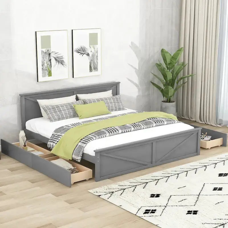 Grey / White Platform Bed with 4 Storage Drawers, King / Queen