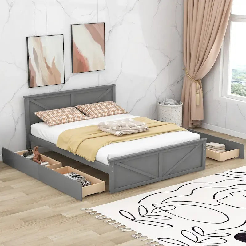 Grey / White Platform Bed with 4 Storage Drawers, King / Queen