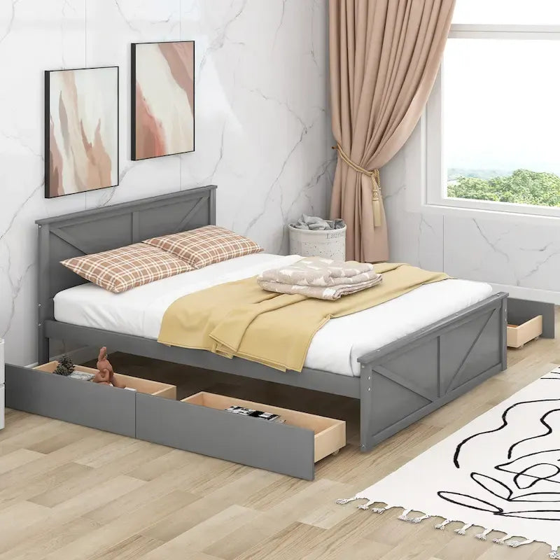 Grey / White Platform Bed with 4 Storage Drawers, King / Queen