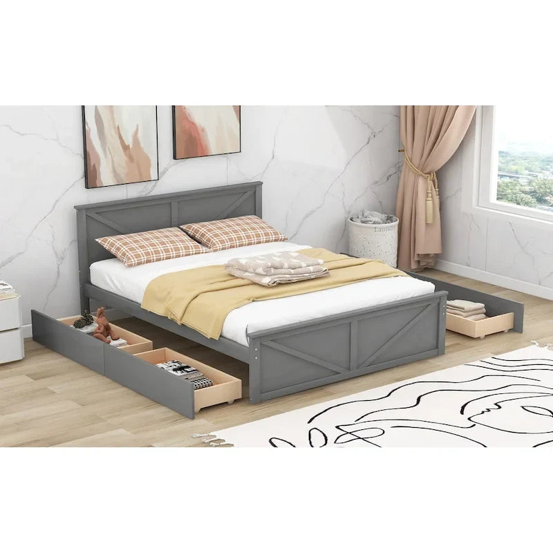 Grey / White Platform Bed with 4 Storage Drawers, King / Queen