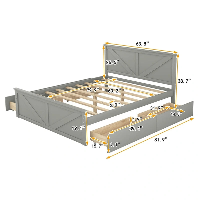 Grey / White Platform Bed with 4 Storage Drawers, King / Queen