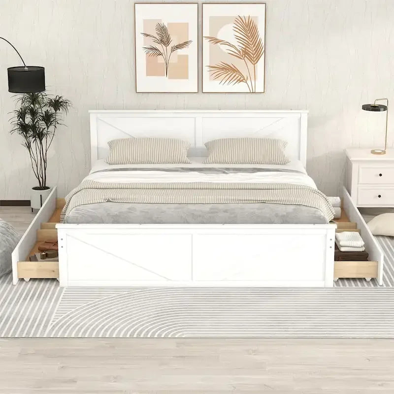Grey / White Platform Bed with 4 Storage Drawers, King / Queen
