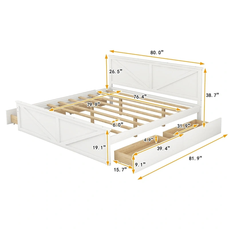 Grey / White Platform Bed with 4 Storage Drawers, King / Queen