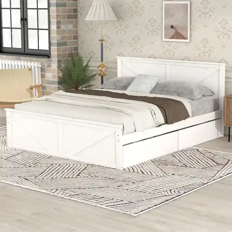 Grey / White Platform Bed with 4 Storage Drawers, King / Queen