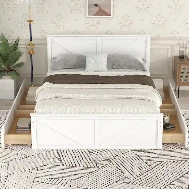 Grey / White Platform Bed with 4 Storage Drawers, King / Queen