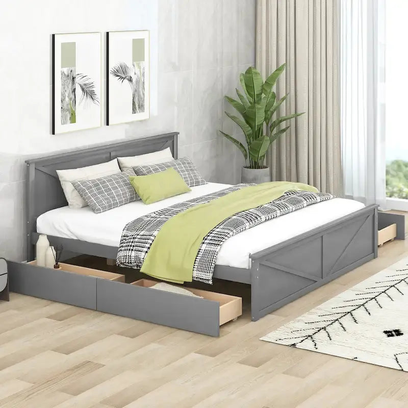 Grey / White Platform Bed with 4 Storage Drawers, King / Queen