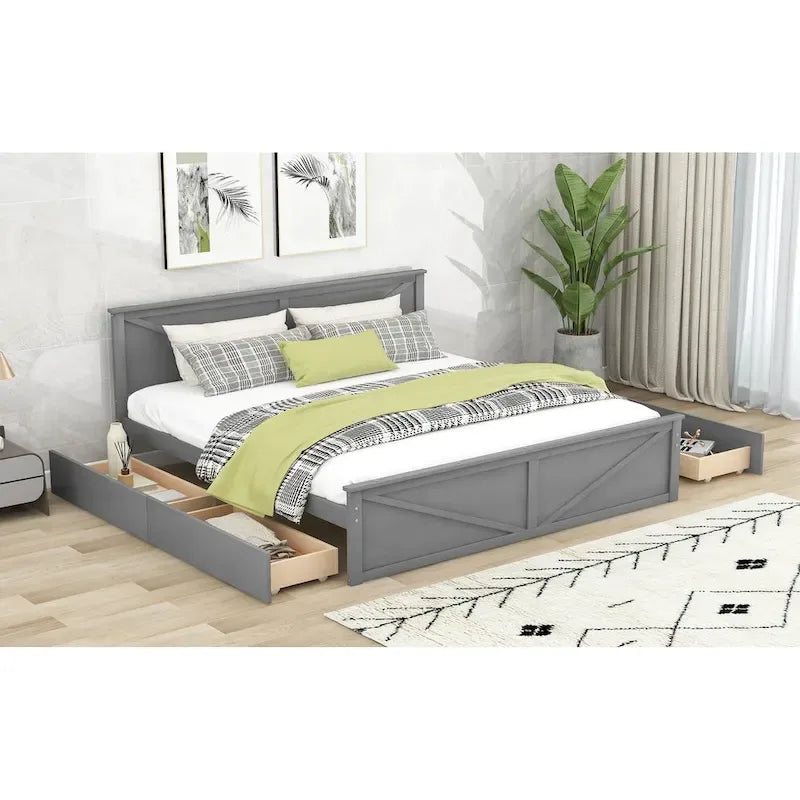 Grey / White Platform Bed with 4 Storage Drawers, King / Queen