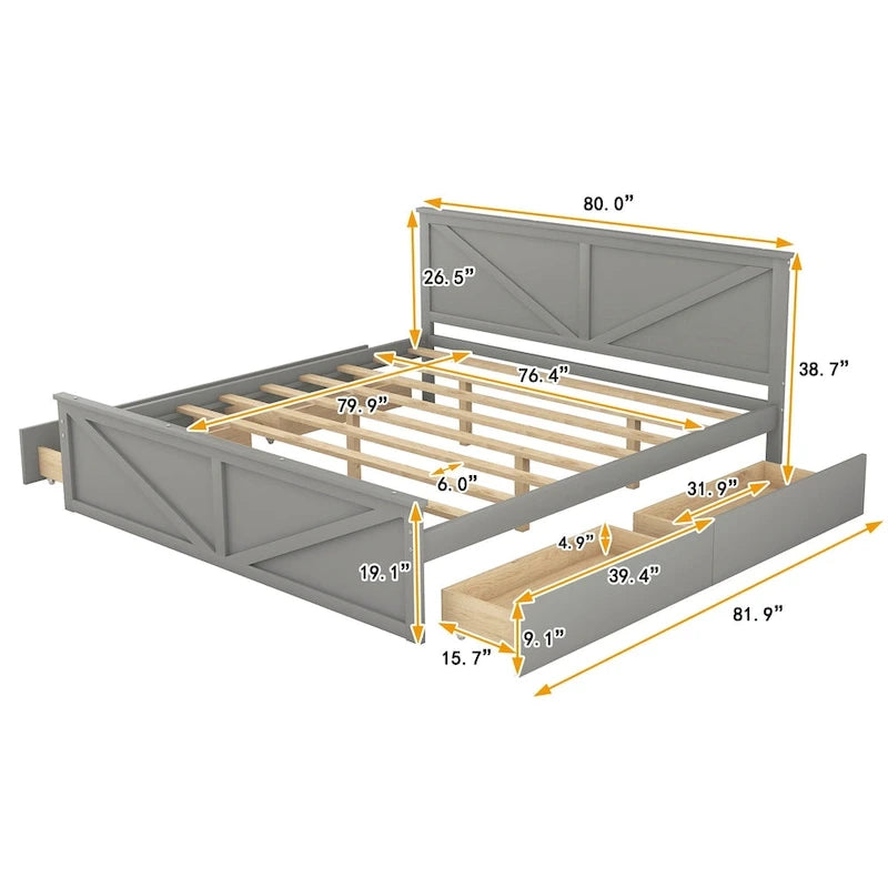 Grey / White Platform Bed with 4 Storage Drawers, King / Queen