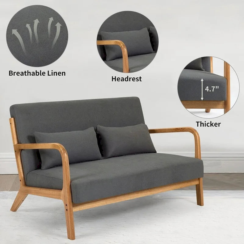 Dark Gray / Light Gray / Beige Mid-Century Linen Accent Sofa, 2-Seater