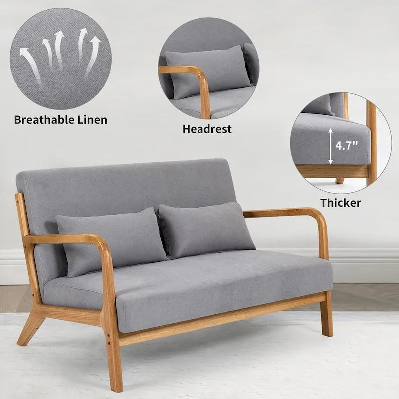 Dark Gray / Light Gray / Beige Mid-Century Linen Accent Sofa, 2-Seater