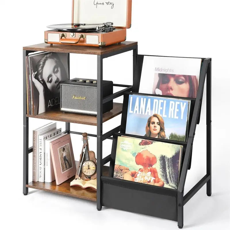 Brown & Black 3-Tier Record Player Stand, MDF Top, Single