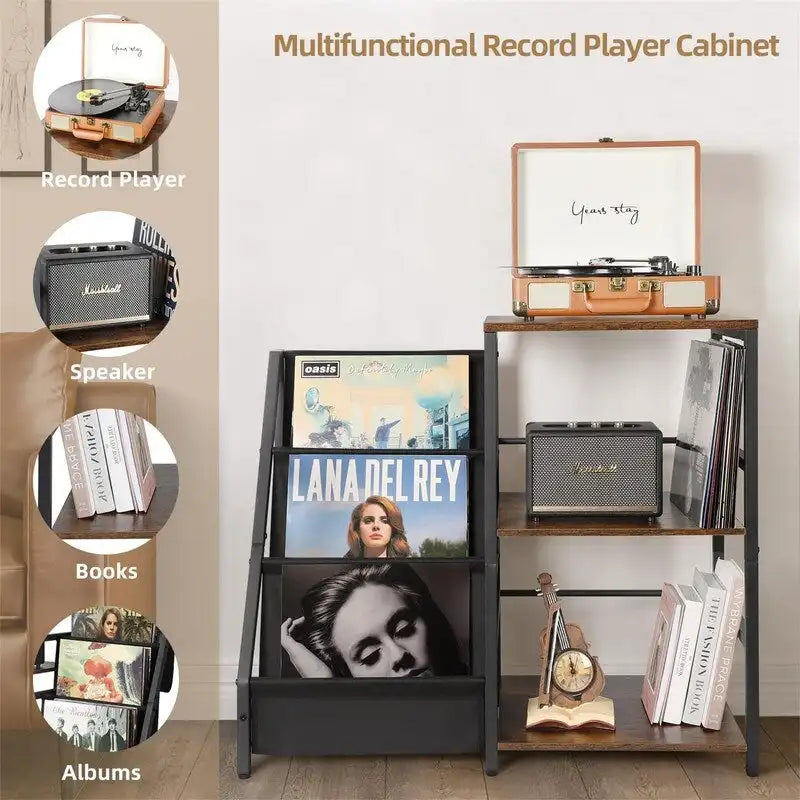 Brown & Black 3-Tier Record Player Stand, MDF Top, Single