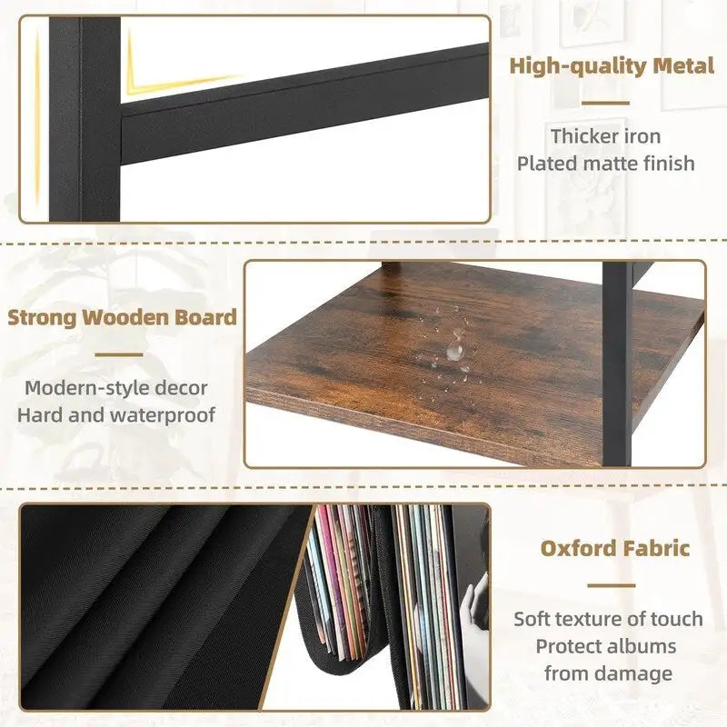Brown & Black 3-Tier Record Player Stand, MDF Top, Single