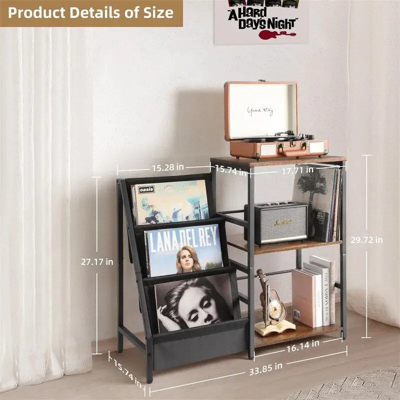 Brown & Black 3-Tier Record Player Stand, MDF Top, Single