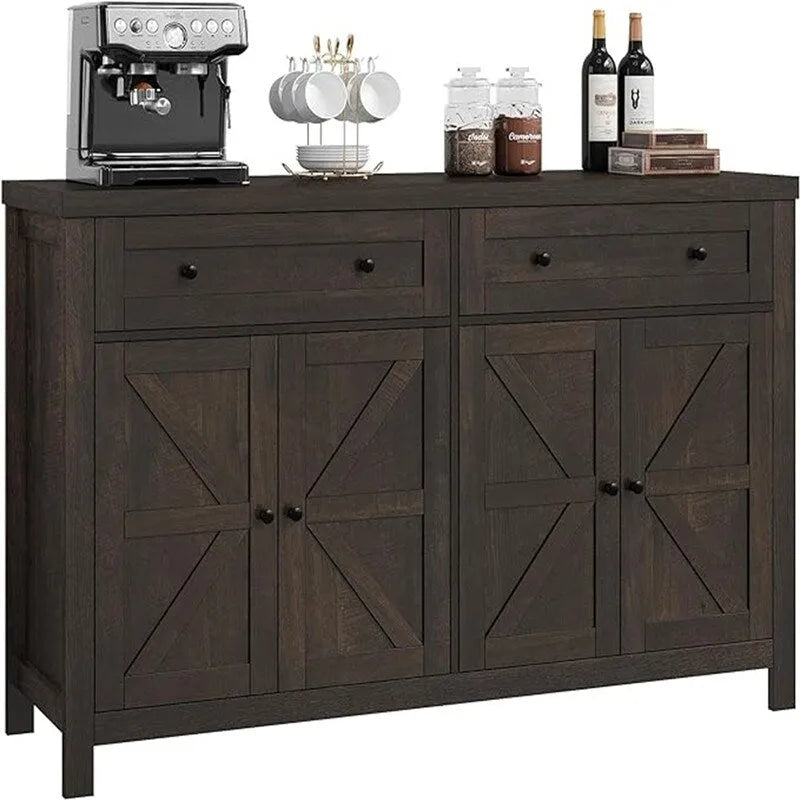 Ash Grey / White / Dark Brown Barn Door Buffet Sideboard, 2-Door 2-Drawer